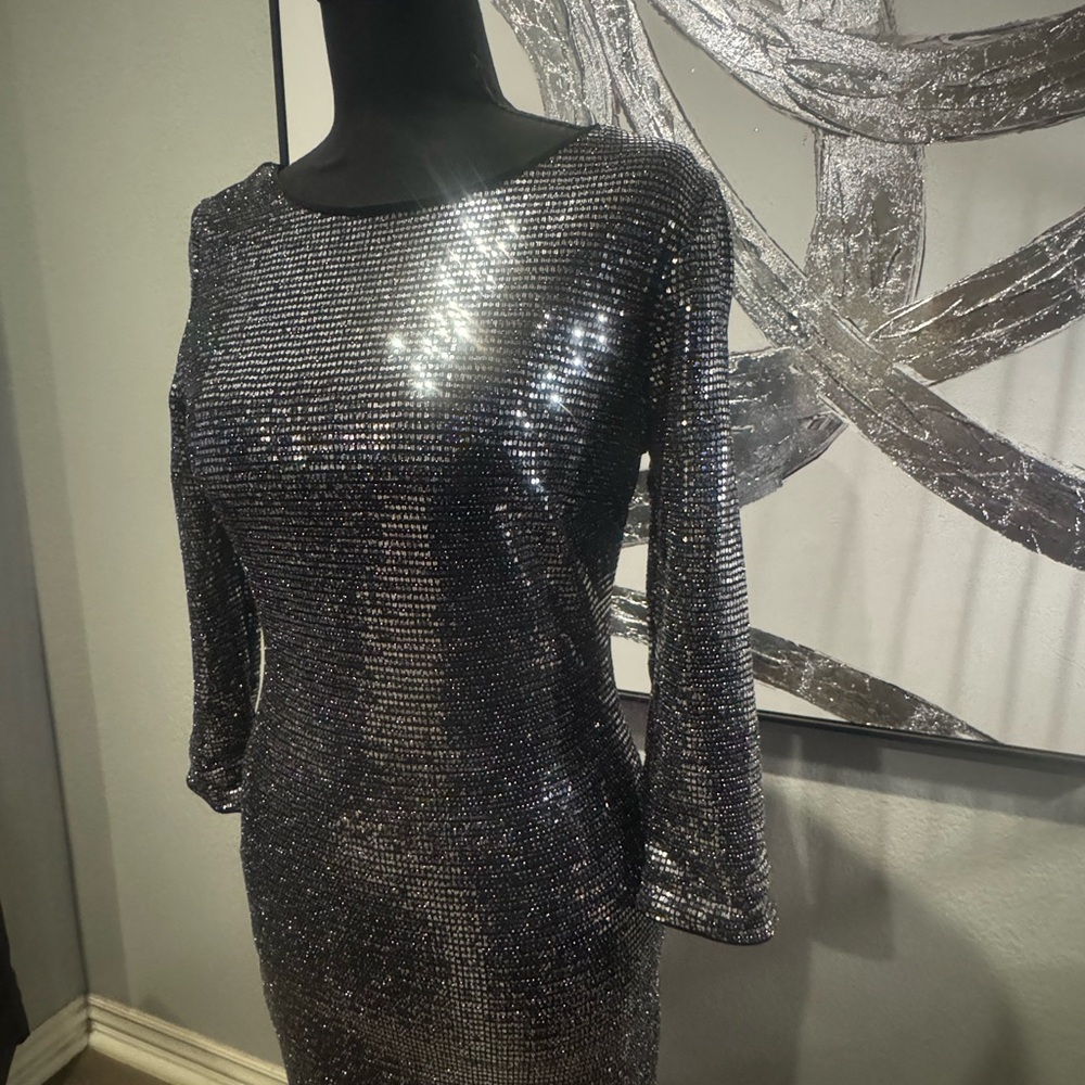 Dress Forum Shimmering Silver and Black Long Sleeve Dress